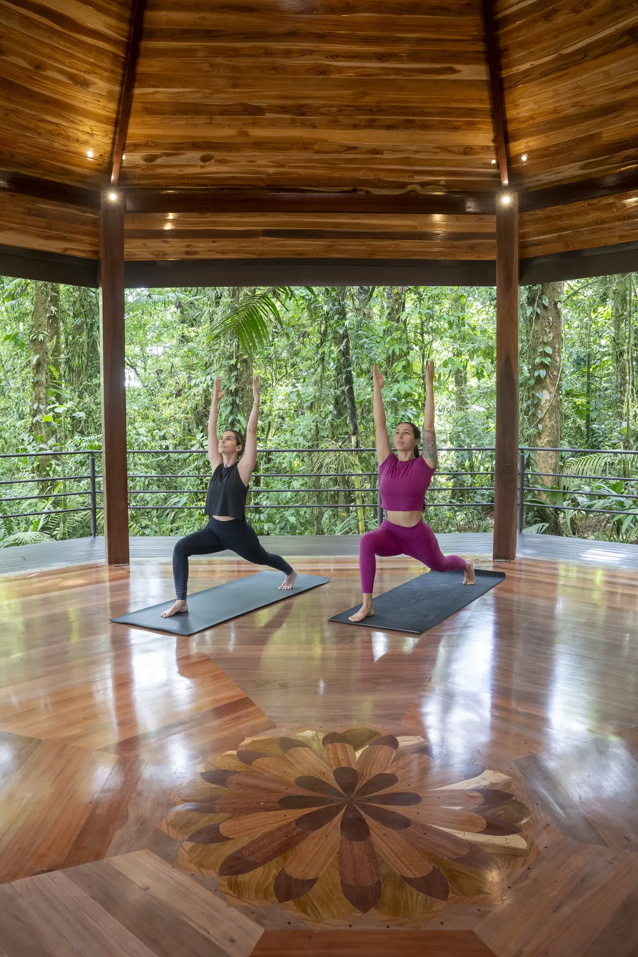 A yoga session inside the Ceiba pavilion